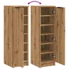 A tall, narrow cabinet with a wood-like finish, shown in two states: closed on the left and open on the right. The open state reveals multiple shelves inside. A purple arrow indicates the door can be opened. Voir les images du produit