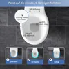 A diagram showing the dimensions of a toilet seat and compatibility with different toilet shapes. Produktbild-Vorschau