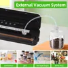 A collage showing a vacuum sealer in use with a jar, and smaller images of food containers, jars of preserves, storage bags, and wine bottles. Podgląd zdjęcia produktu