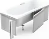 A white bathtub with its metal frame and panels partially attached, shown from a low angle. Produktbild-Vorschau
