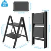 A diagram showing the dimensions and folded state of a black metal stepladder. Náhled obrázku produktu