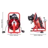 Two views of a red and black pipe cleaning machine are shown against a white background, with dimensions indicated. Podgląd zdjęcia produktu