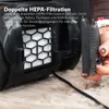 Close-up of a vacuum cleaner's HEPA filter compartment, with a hand holding the filter cover. Produktbild-Vorschau