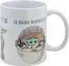A white ceramic mug with an illustration of Baby Yoda from Star Wars and text. Produktbild-Vorschau