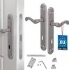 A product shot of door handles and related hardware, presented on a white background with a product tag. Produktbild-Vorschau