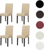 Four cream-colored dining chairs with dark legs are arranged in a grid on a white background. To the right of the chairs are circular swatches of different colors: black, dark brown, red, off-white, and white. Produktbild-Vorschau