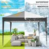A pop-up gazebo is shown in two different environments: one sunny and green, the other snowy and wintery. The gazebo is set up with outdoor furniture in both scenes. Voir les images du produit