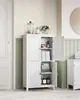 A white cabinet with its doors open, displaying various items inside, set against a light-colored wall with green wainscoting. Produktbild-Vorschau