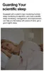 A woman sleeping peacefully in bed, with text describing the benefits of a scientific sleep monitoring watch. Produktbild-Vorschau