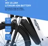 Close-up of an electric bicycle's battery and front fork, with marketing text overlays. Produktbild-Vorschau