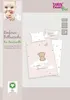 A baby wearing a white outfit is shown on the left, with a product display of baby bedding on the right. The bedding features a teddy bear illustration and stars. Produktbild-Vorschau