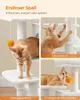 A collage of images showing a cat tree with cats interacting with it, highlighting its features. Produktbild-Vorschau