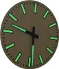 A close-up view of a wooden wall clock with luminous green hour markers and hands. Náhled obrázku produktu