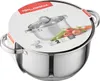 A stainless steel pot with a glass lid, shown with packaging and some vegetables. Náhled obrázku produktu