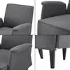 A collage of four close-up images of a dark gray upholstered armchair, showing different angles and details of the product. Voir les images du produit
