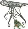A dark metal half-round console table with decorative scrollwork and a fan-like pattern on the tabletop, placed on a white background with a potted ivy plant in the foreground. Produktbild-Vorschau