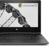 A close-up view of an HP Chromebook X360 11 G3 EE laptop, displaying the screen with the Chrome OS logo and a Ferris wheel image, and the keyboard. Produktbild-Vorschau