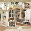 A collage of images showing a multi-functional bar table with storage, featuring different angles and close-ups of its compartments and features. The table is set in a kitchen environment. Produktbild-Vorschau