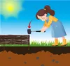 A girl is hammering a wooden fence into the ground on a sunny day. Produktbild-Vorschau