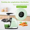A light green AMZCHEF slow juicer is shown on a white countertop with carrots and a glass of green juice. Produktbild-Vorschau