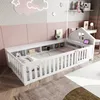A child's bedroom with a white bed frame, storage shelves, and decorative elements. Produktbild-Vorschau