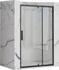 A modern shower enclosure with black framing and clear glass, set against a marble-patterned wall. Produktbild-Vorschau