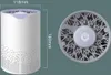 A product image showing a white cylindrical device with a perforated lower half and a decorative patterned top grill, accompanied by dimensional callouts. A separate top-down view of the device's grill with a power button icon is also shown. Produktbild-Vorschau