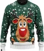 A green Christmas sweater with a cartoon reindeer design. Produktbild-Vorschau