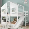 A white bunk bed with a slide, designed like a house, in a child's room. Produktbild-Vorschau