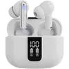 A pair of white wireless earbuds in their charging case, with a digital display showing battery status. Voir les images du produit