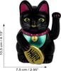 A black Maneki-neko (lucky cat) figurine with a pink collar and green chest, holding a gold coin. Dimensions are indicated by measurement lines and text. Produktbild-Vorschau