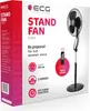 The image shows the packaging of a stand fan, with the fan itself visible on the right side. Voir les images du produit