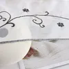 A close-up view of a white fabric with embroidered black floral and vine patterns, with a roll of white material in the foreground. Produktbild-Vorschau