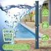 A solar garden shower is shown next to a swimming pool, with water splashing around it. There are icons and text overlays highlighting features. Náhľad obrázku produktu
