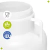 Close-up of a white plastic container with handles and various certification logos. Produktbild-Vorschau