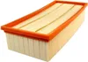 A rectangular air filter with an orange frame and beige pleated filter material. Voir les images du produit