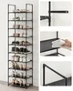 A tall, multi-tiered shoe rack filled with various shoes, presented alongside close-up shots of its construction and a hand wiping a shelf. Náhled obrázku produktu