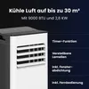 A close-up marketing image of a mobile air conditioner with feature callouts. Produktbild-Vorschau