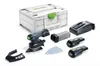 A Festool Akku-Deltaschleifer DTSC 400 3,0 I-Plus set is displayed on a white background, including the sander, batteries, charger, dust collector, and a storage case. Voir les images du produit