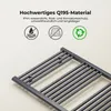 Close-up of a gray heated towel rack with text and icons describing its features. Voir les images du produit
