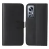 A black flip cover phone case for a Xiaomi 12 Pro is shown open, displaying the phone's camera module. Produktbild-Vorschau