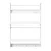 A white wall-mounted shelf with three tiers and three hooks at the bottom. Podgląd zdjęcia produktu