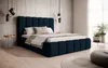 A bedroom scene with a dark blue upholstered bed as the focal point. Produktbild-Vorschau