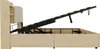 A side view of a bed frame with the mattress support mechanism lifted, revealing storage space underneath. Voir les images du produit