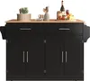 A black kitchen island with a wooden countertop, featuring drawers and cabinets, is shown against a white background. Decorative items like a plant, utensils, jars, and a bottle of wine are placed on the countertop. Voir les images du produit