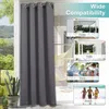 A dark gray outdoor curtain is shown hanging, with smaller inset images showcasing its use in various outdoor settings like a porch, patio, party, and beach. Náhled obrázku produktu