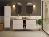 A modern bathroom vanity with two sinks and a tall cabinet. Produktbild-Vorschau
