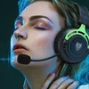 A close-up shot of a woman wearing a gaming headset, with a sound wave graphic overlay. Produktbild-Vorschau
