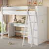 A white loft bed with a desk and wardrobe, set up in a bedroom with curtains and artwork on the wall. Produktbild-Vorschau