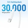Close-up of a white iPhone charging cable connector with text overlay highlighting durability. Produktbild-Vorschau